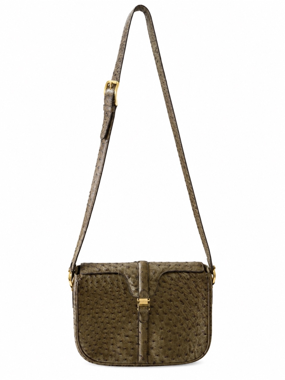 Celine Olive Green Ostrich-Textured Crossbody with Gold Hardware